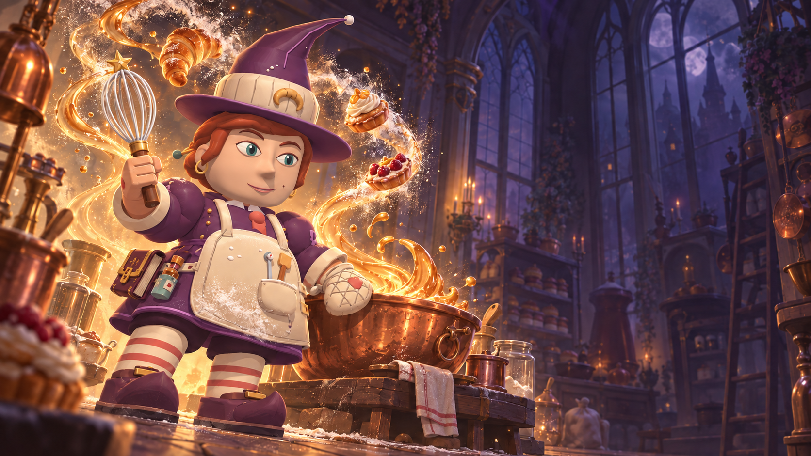 SUZETTE CAULDRON in the arena. She measures magic by the pinch and reprimands by the ladle. A pastry witch’s hat, a flour-dusted apron and an enchanted whisk: chaos will be served lukewarm.