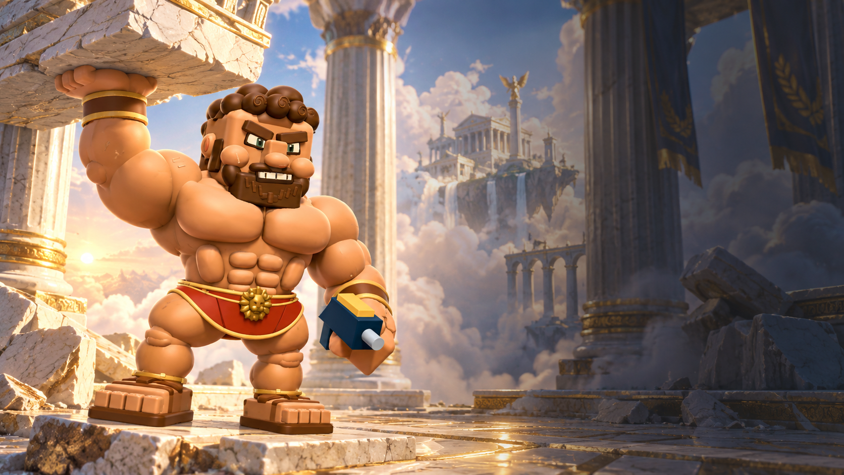 HERCULES THE GREAT in the arena. Huge shoulders, tiny calves and a brawler’s grin. This brute in briefs sports a lion buckle and more than enough confidence.