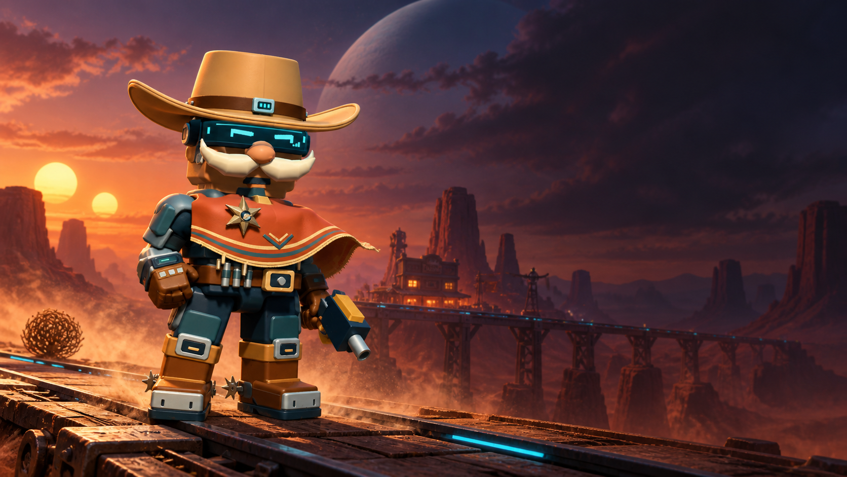 MARSHAL HIGH NOON in the arena. A broad hat, a marshal’s moustache and an embroidered poncho. His star shines to the very edge of the arena.