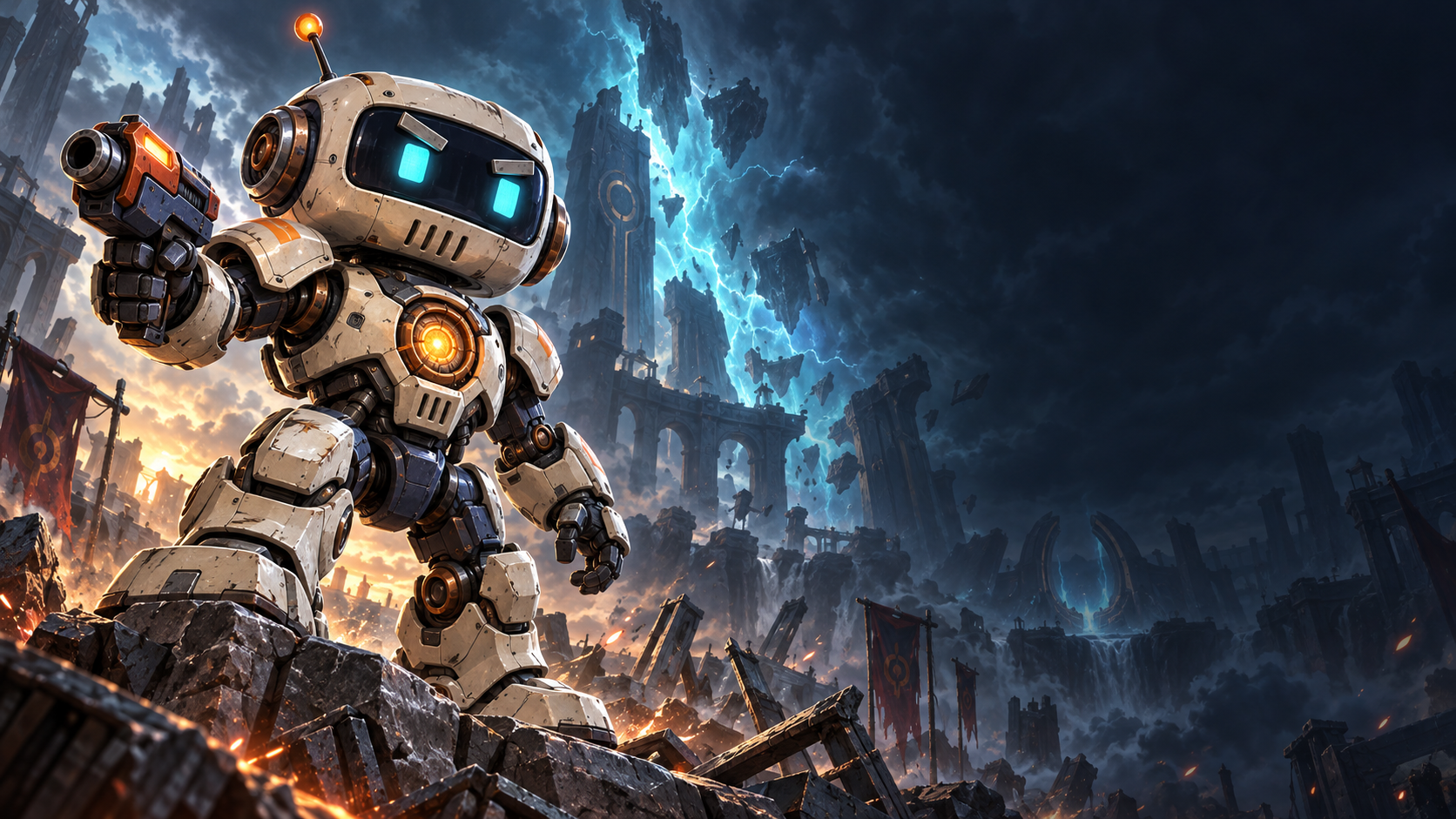 Robert, an ivory robot with turquoise eyes and an orange core, wields his blaster in an arena crossed by a glowing rift.