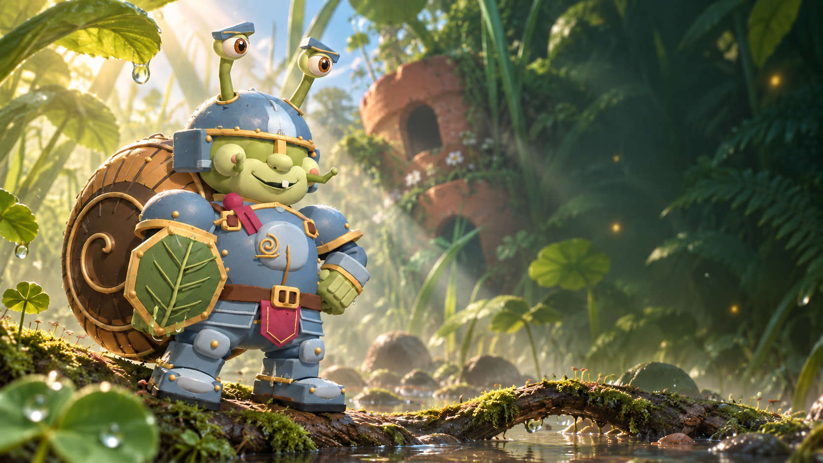 SIR SLOWMO in the arena. A snail knight determined to arrive on time. His shell is armour, his shield is a leaf and his eyes have never known doubt.