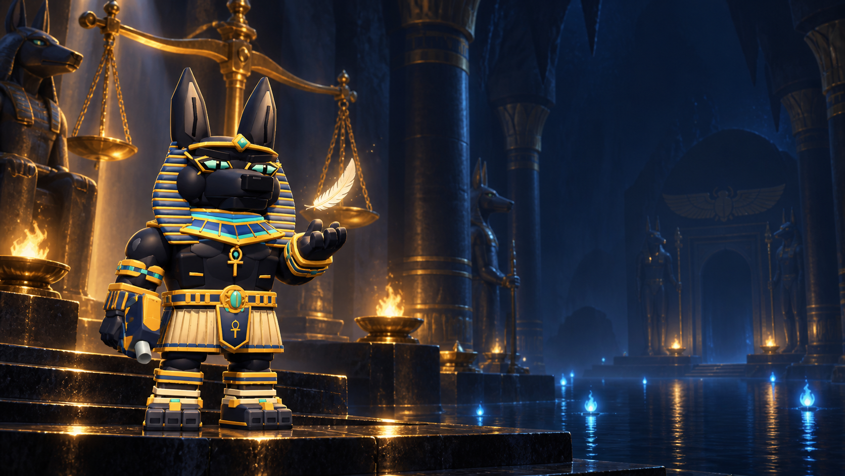 MASTER ANUBIS in the arena. Upright ears, gold-lined eyes and a striped headdress. The jackal-headed guardian leaves his temple to watch over the arena.