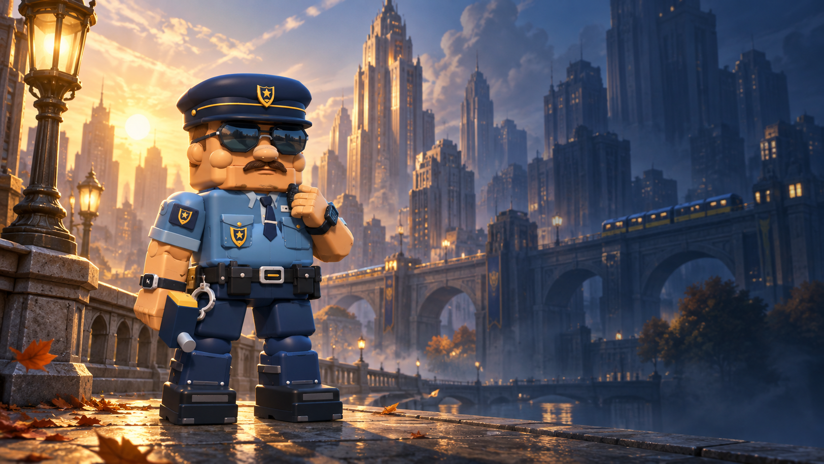 OFFICER WHISTLE in the arena. A square jaw, a big nose and a thick moustache beneath aviator glasses. Radio, badges, cuffs and torch: this pocket-sized officer takes his patrol very seriously.