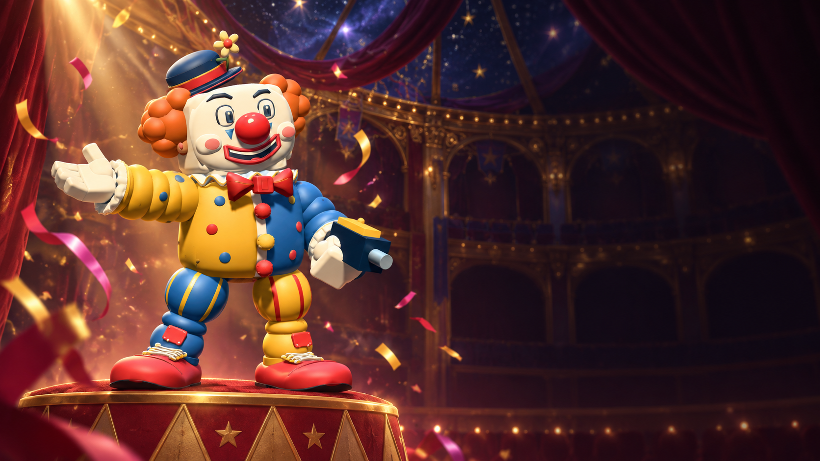 MR. KABOOM in the arena. A shiny red nose, a curly wig and absurdly large shoes. Beneath his pompoms and enormous smile, this little clown is preparing his entrance.