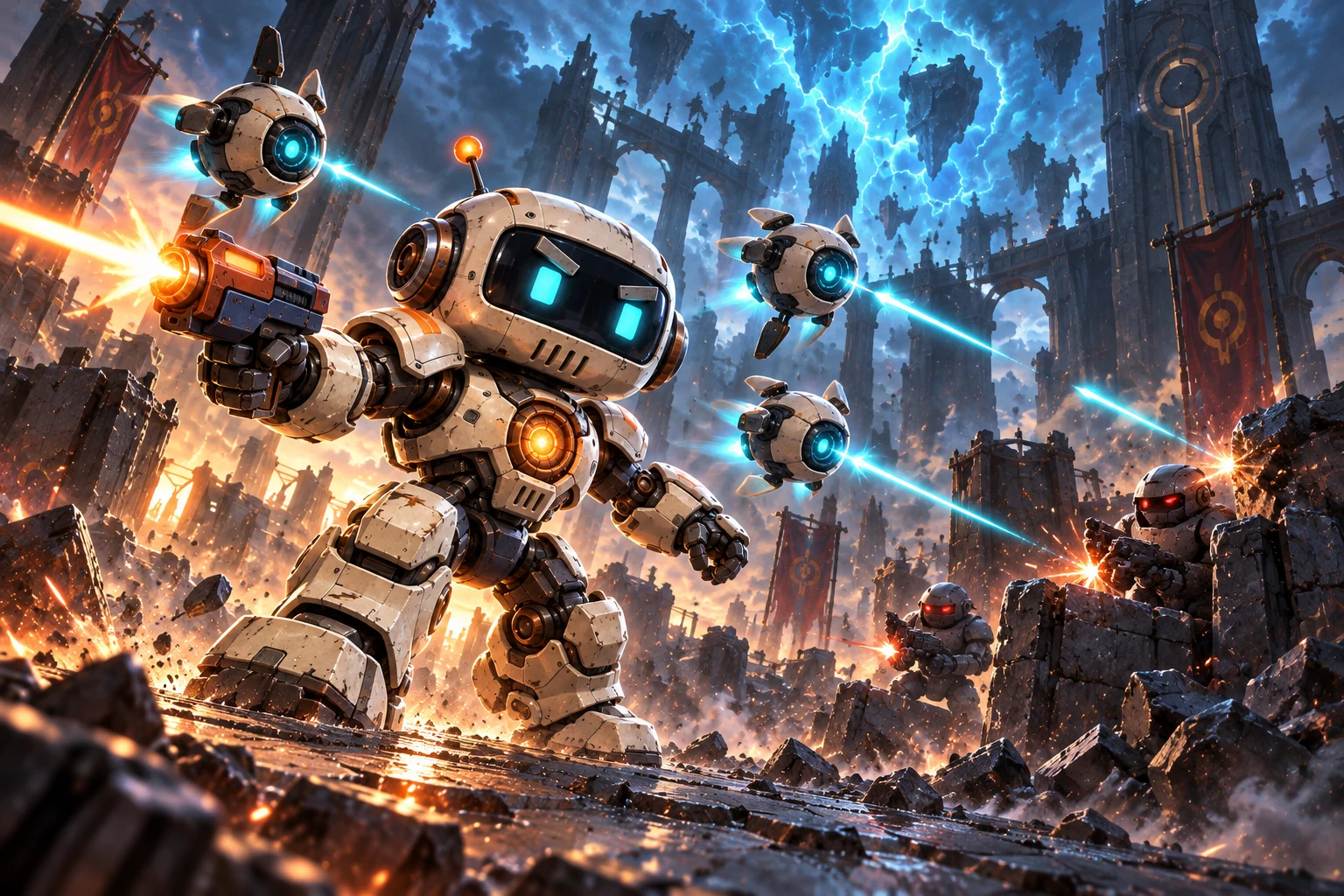 Robert accompanied by his three drones firing lasers at opponents.